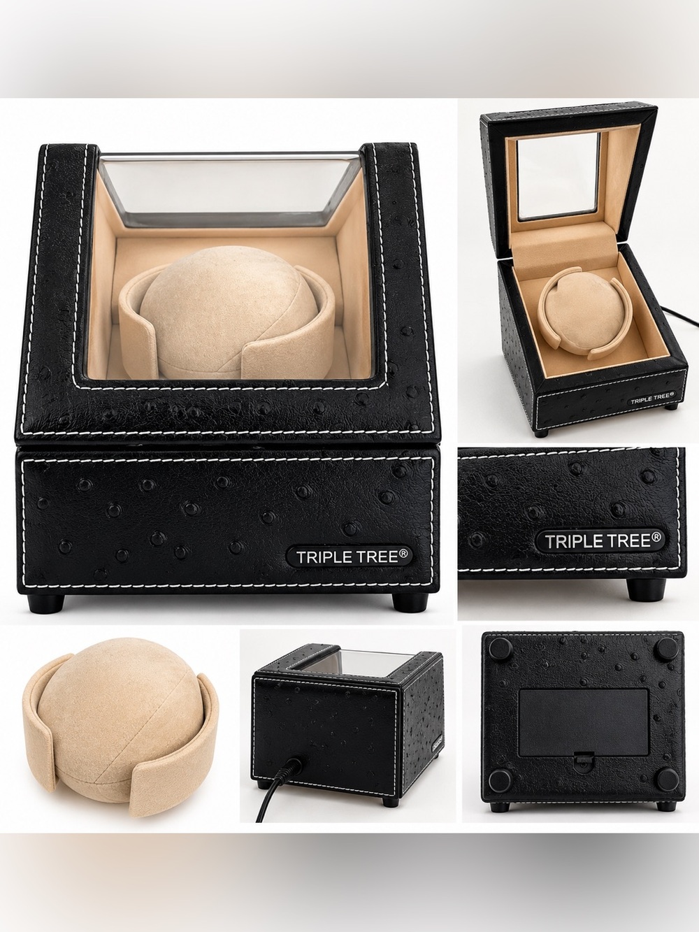 Triple Tree Single Automatic Watch Winder with Ostrich Faux Leather Black